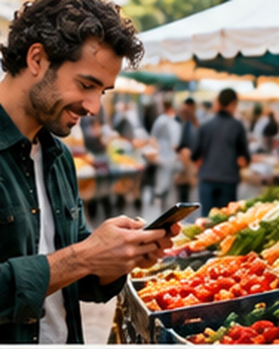 Un homme fait ses courses au marché avec sa liste sur le téléphone