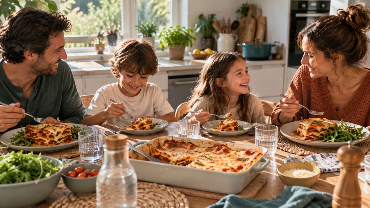 Une famille partage des lasagnes maison