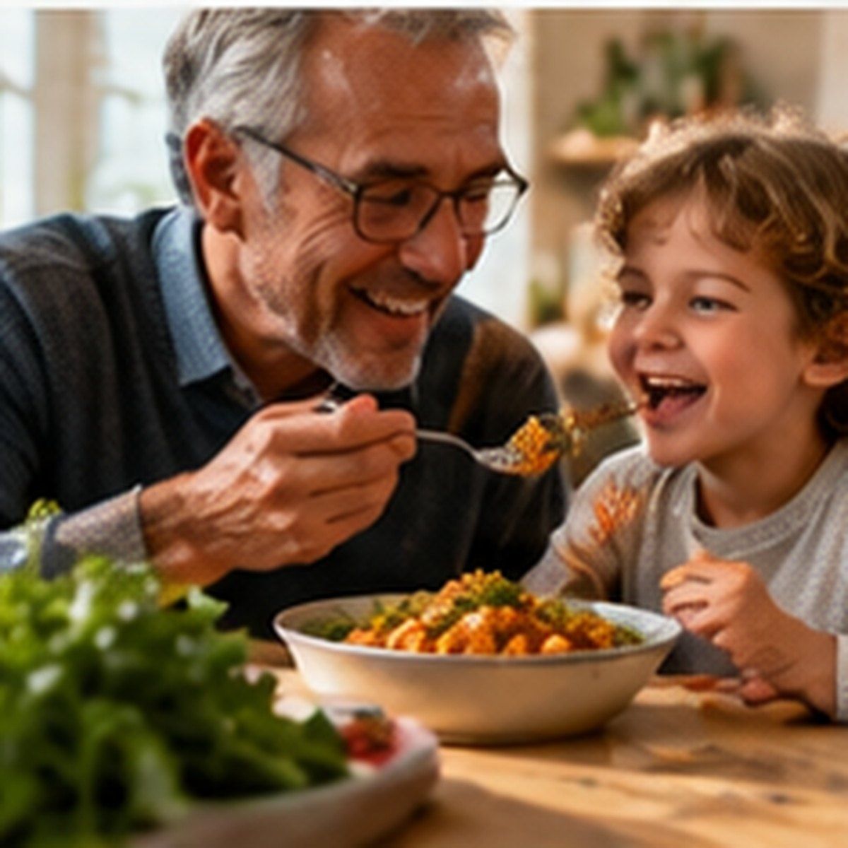Un grand-père et son petit-fils partagent un plat